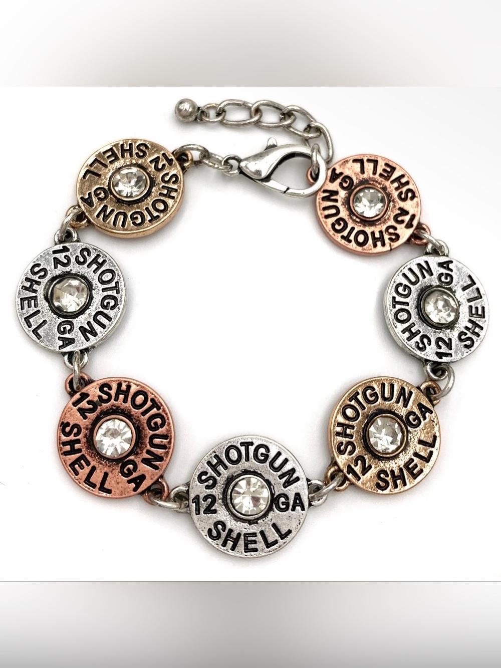 NWT Shotgun Bullet Shell Copper Silver Gold Chain Bracelet Rhinestone Accents